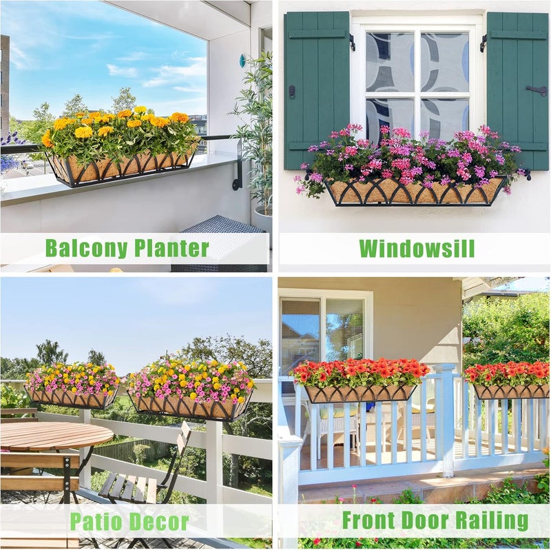 YM Window Boxes Horse Trough with Coconut Coir Liner, 24 Inch Window Deck with Coco Liner, Fence Metal Hanging Flower Planter Window Basket Deck Railing Planter Boxes (X - 24in 2P) - Image 2